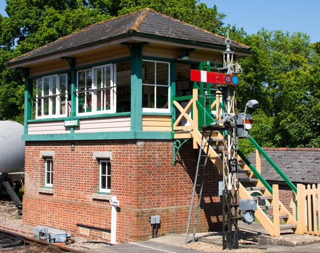 Signal box at Kingscote station in May 2018 