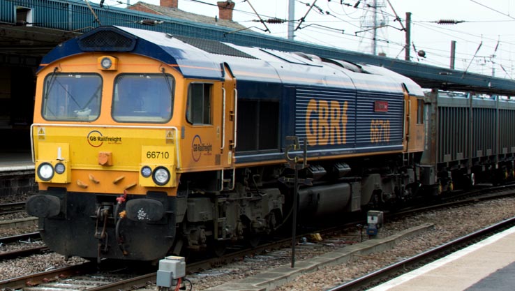 GBRf class 66710 at Doncaster station on the 2nd July 2014
