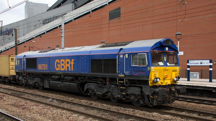 GBRf class 66751 at Doncaster station in July 2014