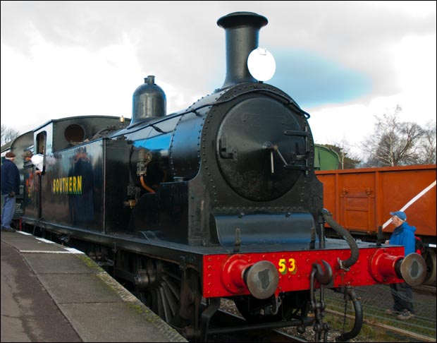 Drummond M7 number 53 painted in war time black at Quorn and Woodhouse station