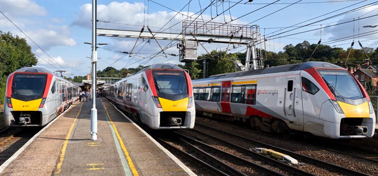 Three Greater Anglia trains at Ipswich station 