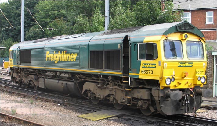 Freightliner Class 66573 at Ipswich Depot next to the station in 2005 