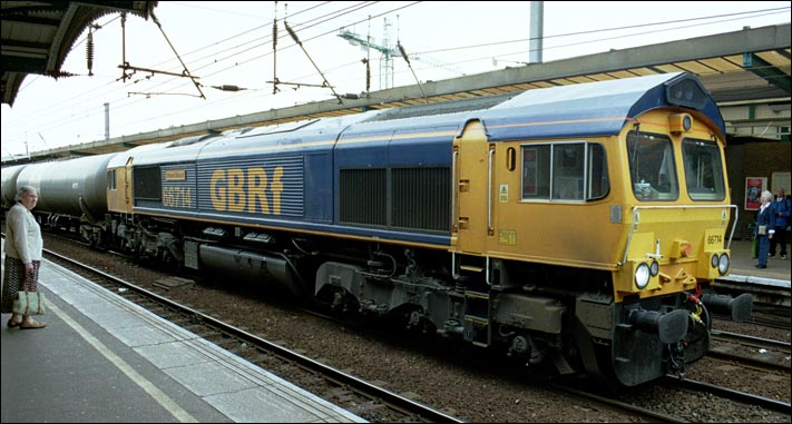 GBRf class 66714 in the middle road at Ipswich station in 2005 with a train of tank wagons.