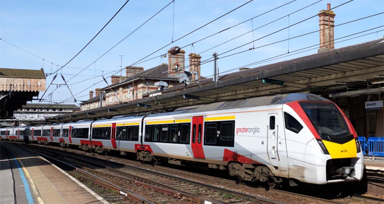 Greater Anglia train to London in Ipswich station on the 21st of September 2021