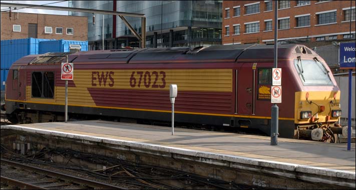 Class 67023 at Kings Cross on August Bank Holiday Monday in 2008