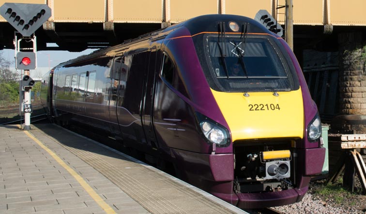 EMR class 22104 in Leicester station on 6th February 2020 in the new purple/maroon colours