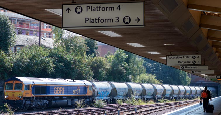 GBRf class 66737 at Leicester station  with Castle Cement wagons on the 22nd September 2021