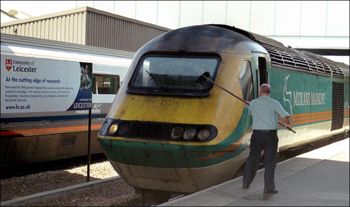 Midland Mainline HST on a London train getting its windows cleaned in Leicester station