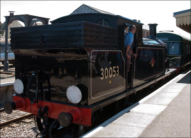 Drummond 0-4-4T Class M7 no.30053 at Dereham station with the DMU on the 19th of July 2013