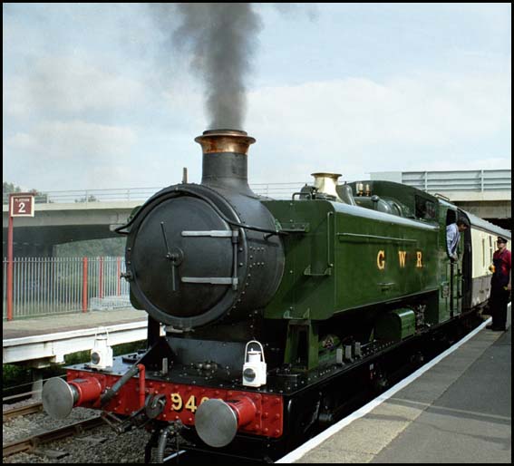  GWR 0-6-0PT 9466 on a train for Wansford at Orton Mere station