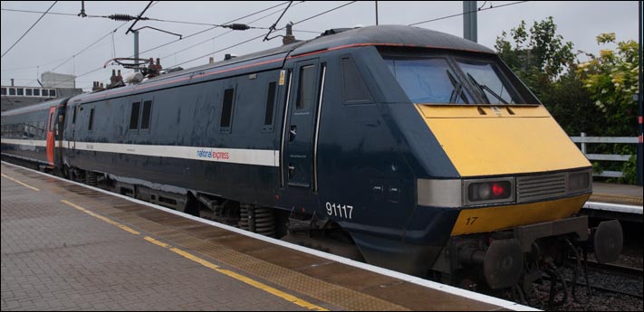 National Express East Coast class 91117 on a up train to London at Newark Northgate  on the 14th of June 2008
