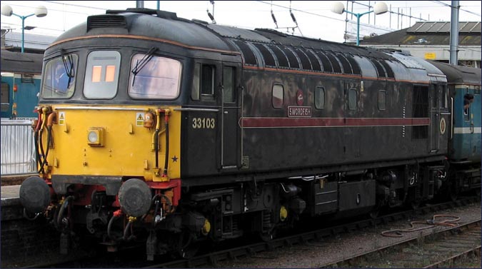 Class 33103 Swordfish with one of the Norwich to Lowestoft shuttle trains in 2005