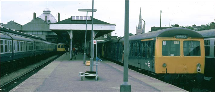 Two DMUs in Norwich Thorpe station in 1976