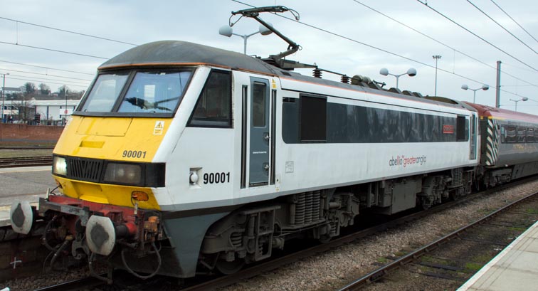 Abellio Greater Anglia Class 90001 at Norwich Station 