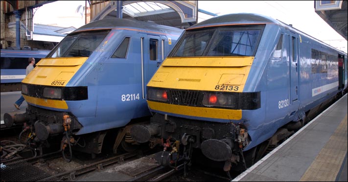 DVT 82114 and 82133 in National Express East Anglia colours in Norwich station in 2008.  