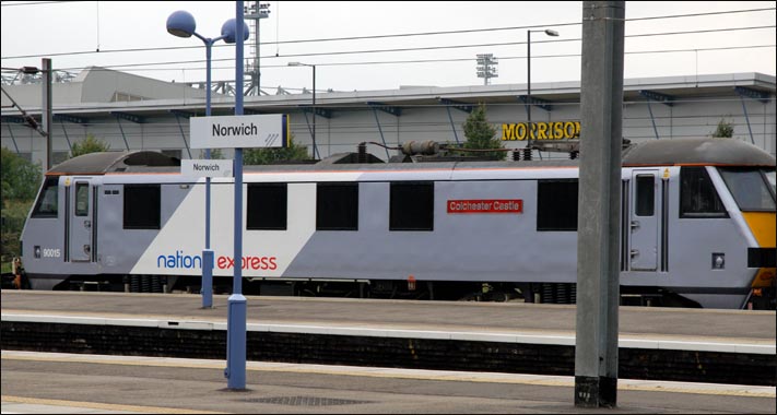National Express East Anglia class 90015 named Colchester Castle at Norwich station 