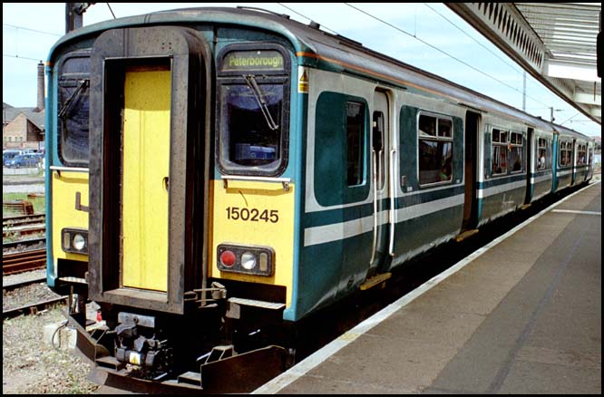 Class 150245 in platform 5 at Peterborough in 2004 