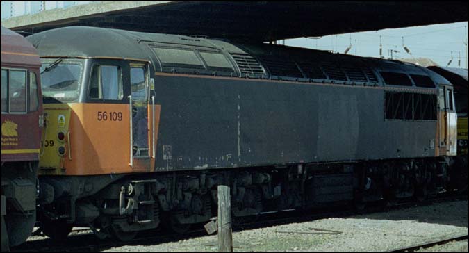 Class 56 109 at the Peterborough Depot and is under the Spittle road bridge 