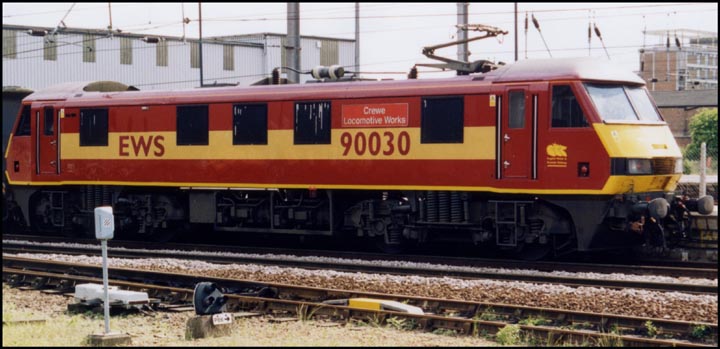 EWS class 90030 Crewe Locomotive Works in Platform 3 at Peterborough in 2003 