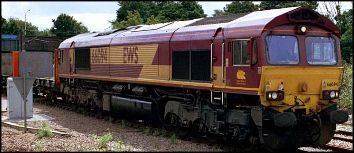 EWS class 66094 in the goods loops at Peterborough in August 2005