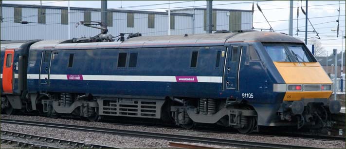 East Coast 91105 in platform 3 at Peterborough 