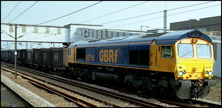 GBRf  class 66716 on the up fast at Peterborough station 2004