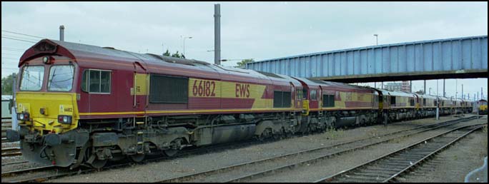 This long line of class 66ss are at the small loco depot which was transferred to EWS on privatisation at Peterborough