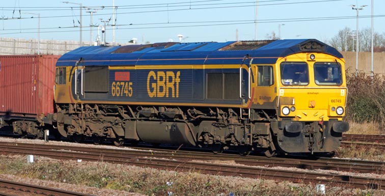  GBRf class 66745 heading into platform 1 at Peterborough station on 13th January 2022