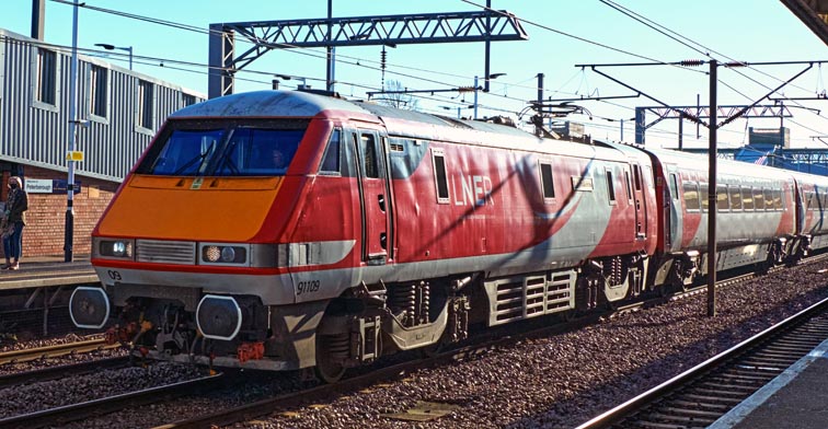 LNER class 90109 Sir Bobby Robson on the down fast 