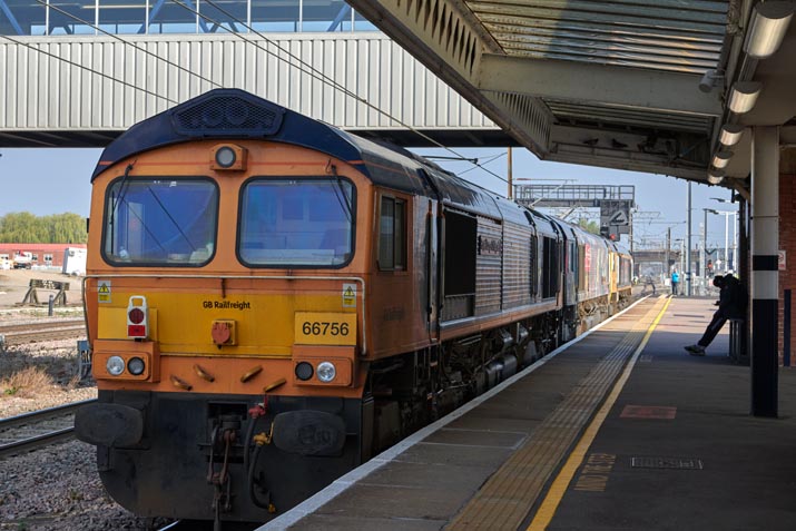 Three GBRf class 66s in platform 5 at Peterborough station heading to the GBRf depot on the 16th of April  in 2022 