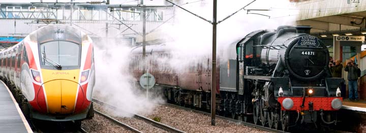 Black 5 44871 into platform 4 as an LNER Azuma leaves platform 3