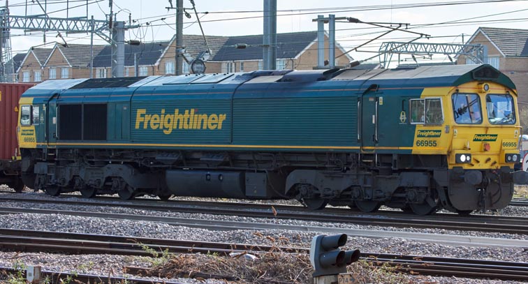 Freightliner class 66955 out of Peterborough station on the 18th of March in 2022