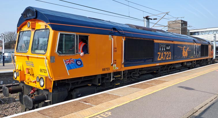 GBRf class 66723 in platform 5 at Peterborough station 22nd of March in 2022