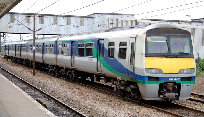 Class 321347 P in Great Eastern colours at peterborough station