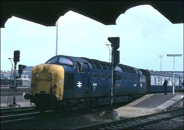 Class 55018 on a up train at Peterborough station in platform two
