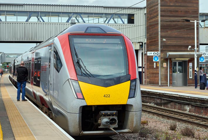 Greater Anglia Ipswich train in Platform 4 at Peterborough station on the 6th of May.