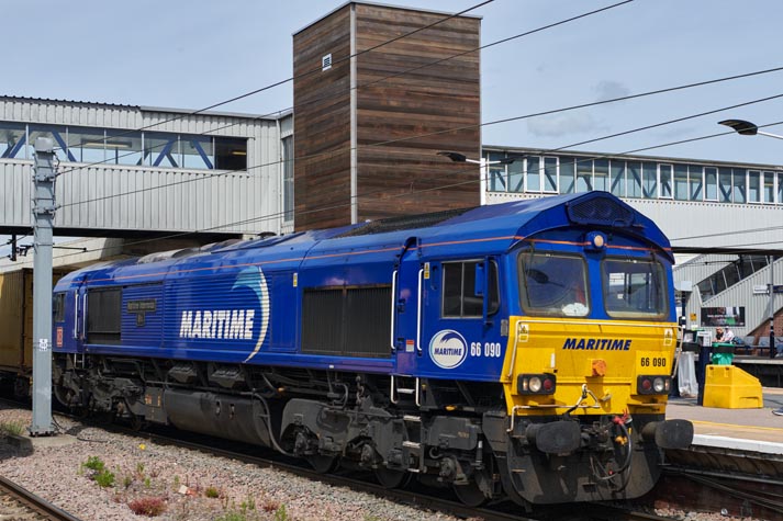Maritime class 66090 in platform 5 at Peterborough station on the 6th of May 2022.