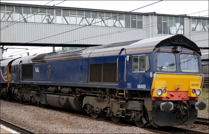 66405 was at the rear of three class 66s on the down fast at Peterborough 