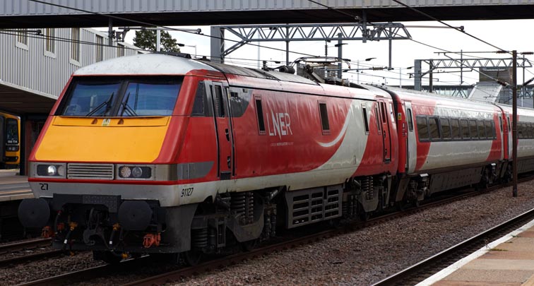 LNER class 91127 on the down slow in Peterborough station 