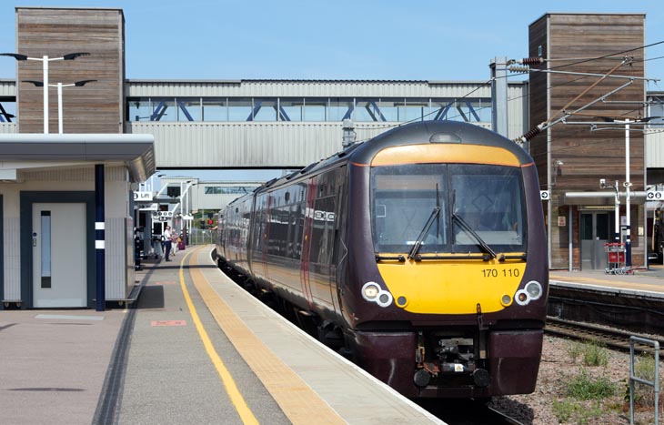 Cross Country class 170 110 in platform 6 at Peterborough station on the 12th August in 2021