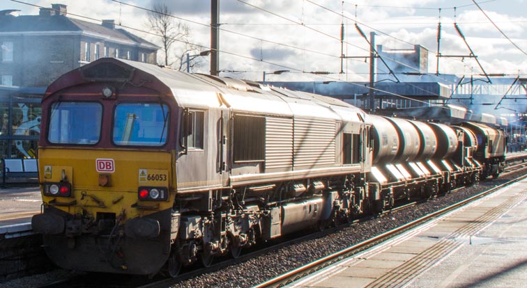 DB class 66053 at the rear of the leaf full train