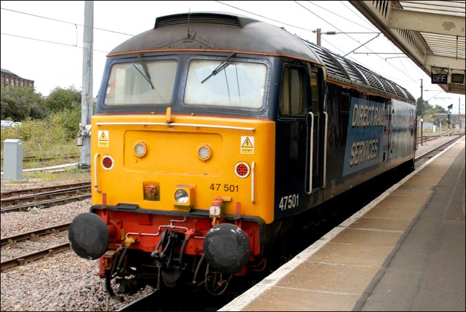 Derect Rail Services class 47 501 light engine in platform 5 at Peterborough station on the 16th August 2010 