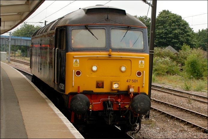 DRS class 47 501 light engine platform 5 at Peterborough station on the 16th August 2010.