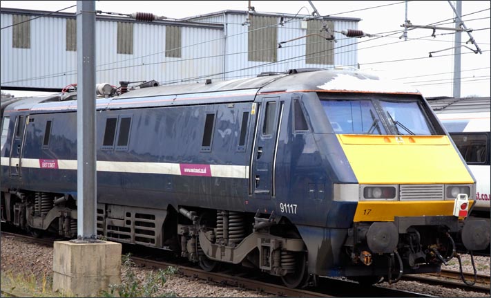 East Coast class 91117 stopped on the up fast line on 25th Nov 2010. 