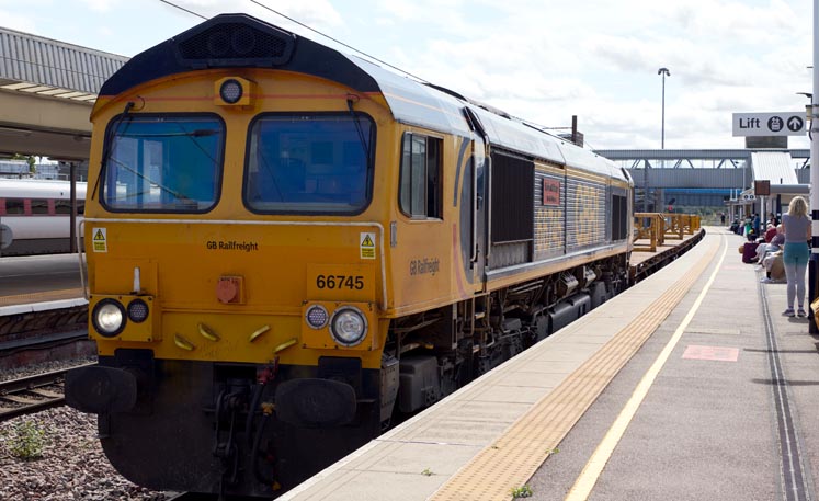GBRf class 66745 in platform 6 at Peterborough station on the 12th August  in 2021