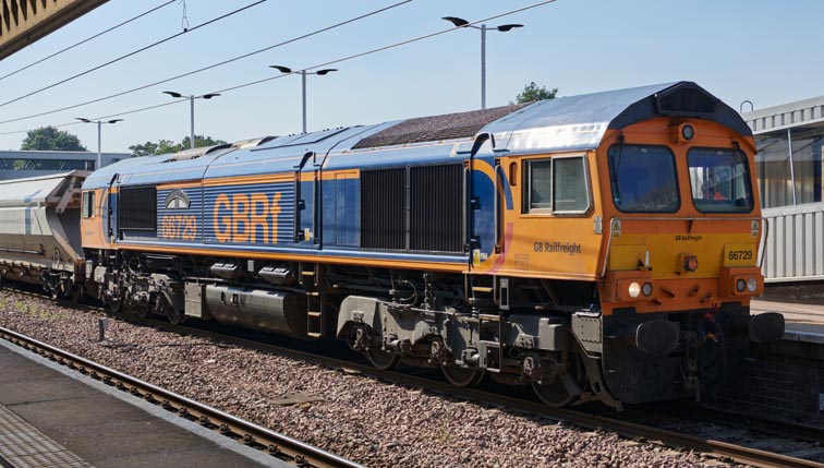 GBRf class 66729 Derby County in platform 6 at Peterborough station on the 7th September in 2021