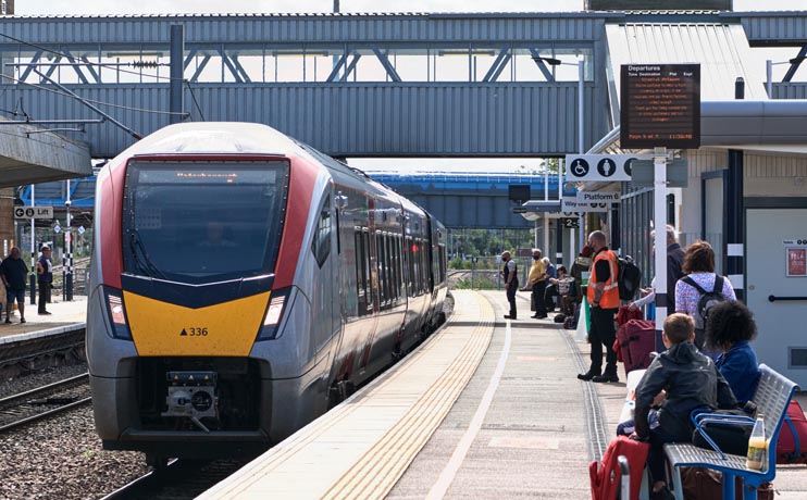Greater Anglia Ipwich train in platform 6 at Peterborough station on 12th August  in 2021
