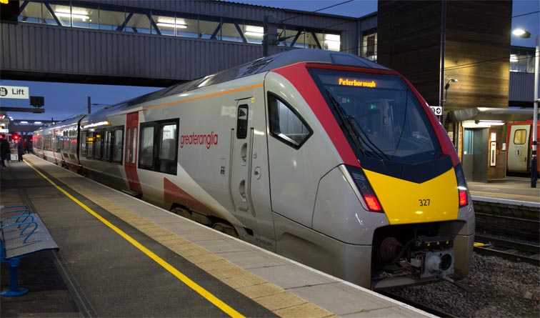 One of the new Greater Anglia trains to Ipswich in platform 6