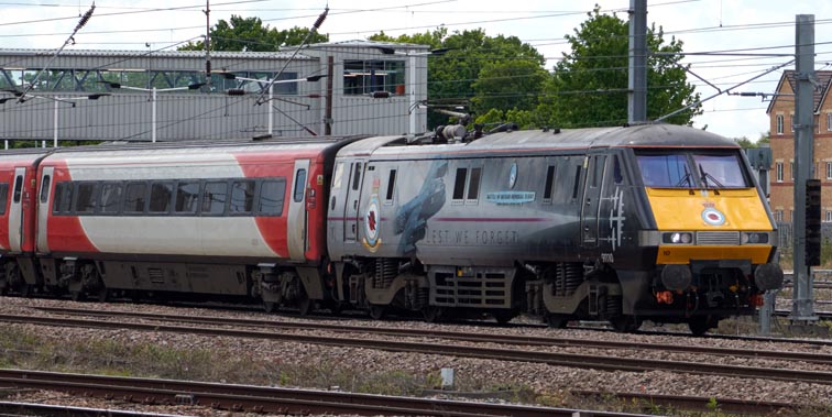 LNER class 91110 leaving platform 4 at Peterborough station 19th May 2021