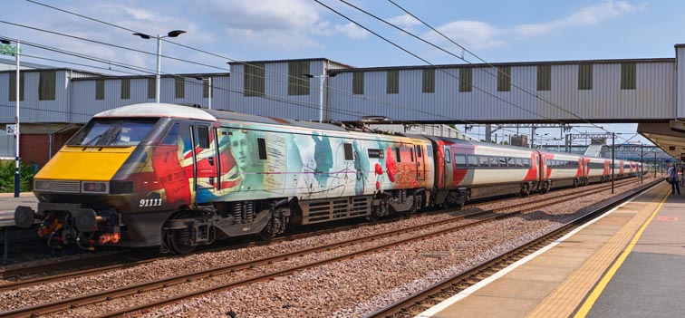 LNER class 91111 in platform 3 at Peterborough station on the 22nd of July 2021